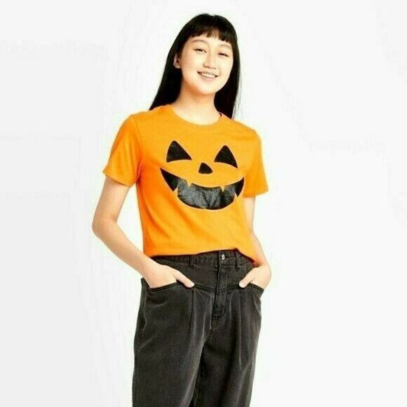 Zoe & Liv - Jack O'Lantern Glitter Face Short Sleeve Graphic T-Shirt - L - Picture 1 of 5